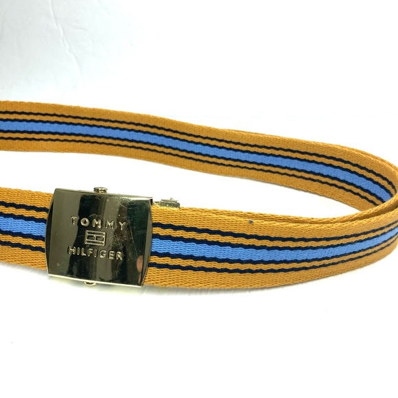 Tommy Hilfiger Canvas Ratchet Gold Buckle Belt yellow Blue Striped Ajustable - Picture 2 of 16